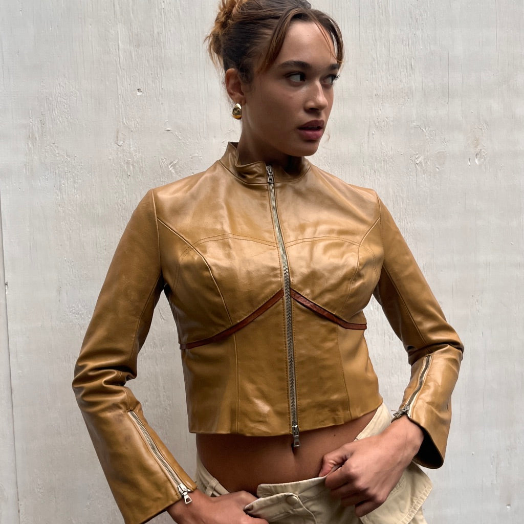 Tan Sculpted Leather Jacket