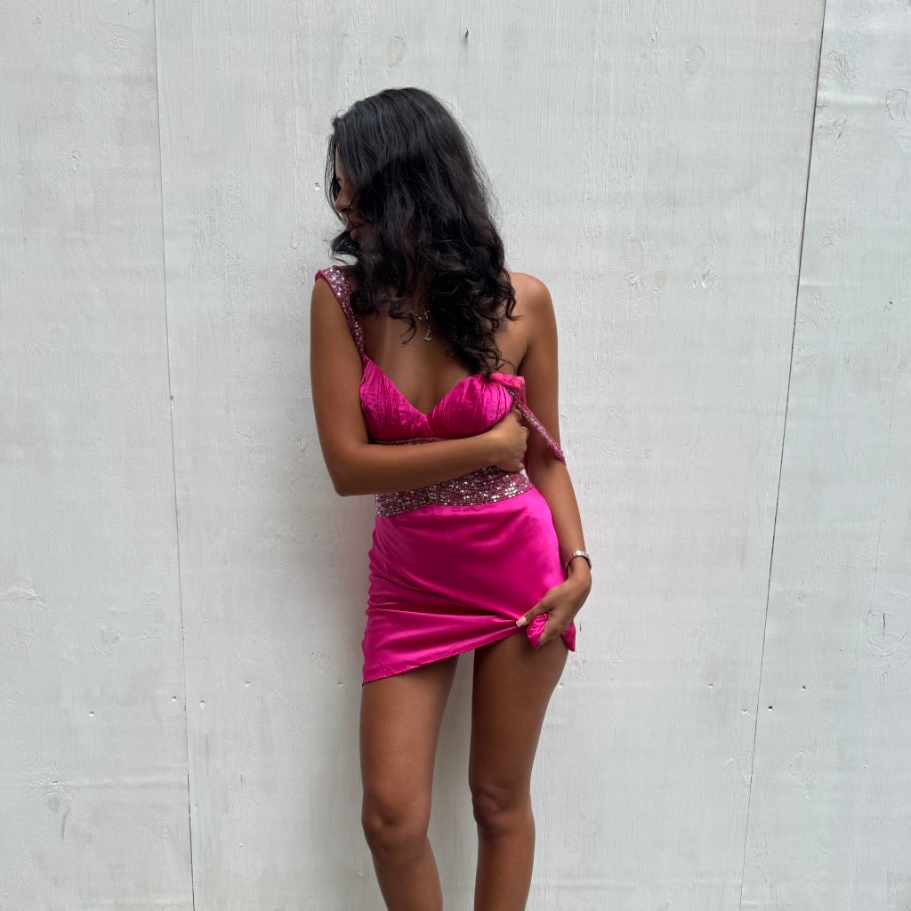 Pink Embellished Silk Mini Dress