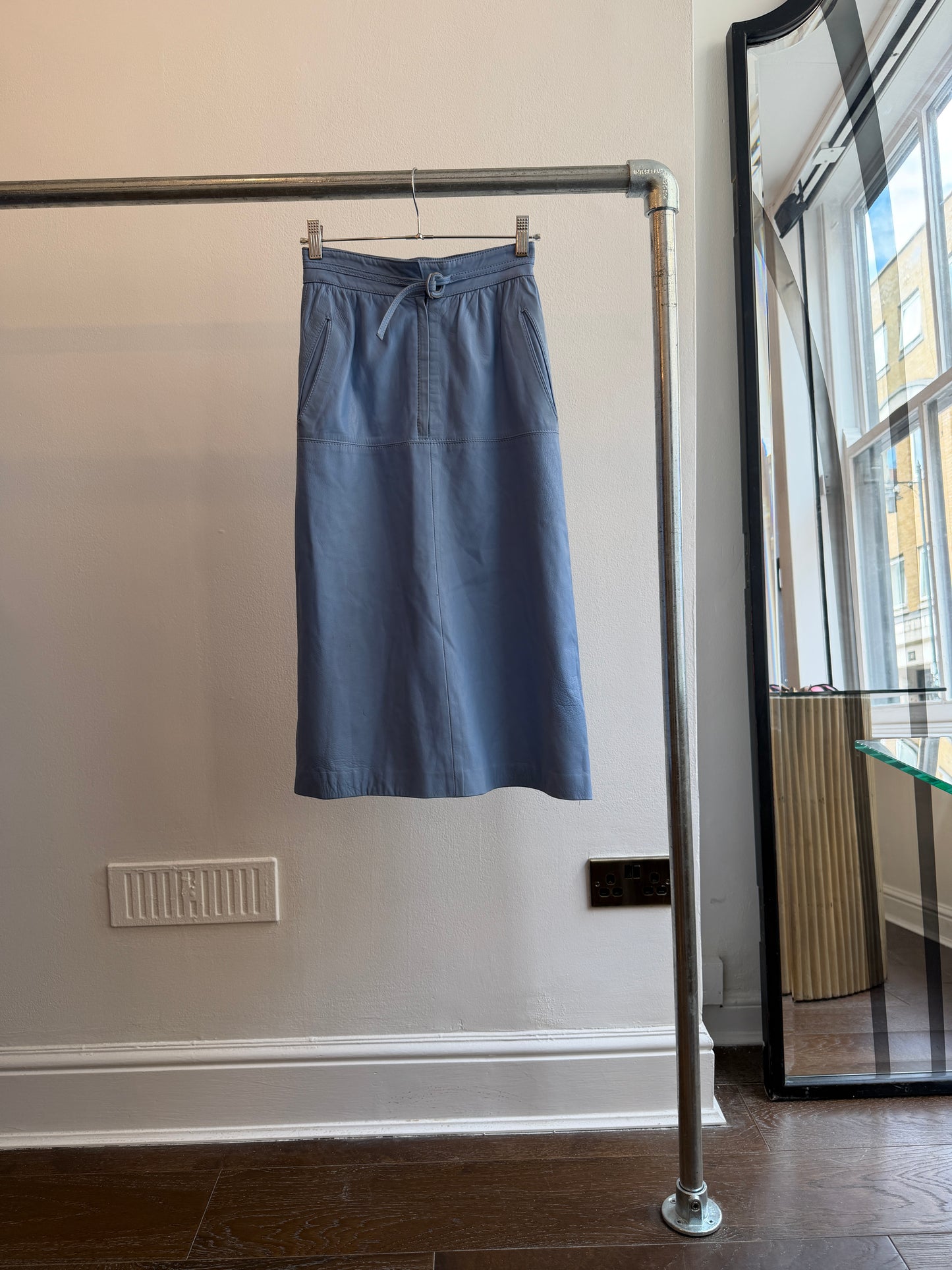 Blue Leather Midi Skirt