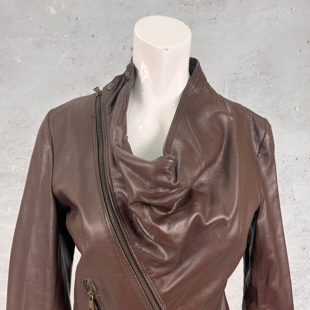 Brown Cowl Neck Leather Jacket