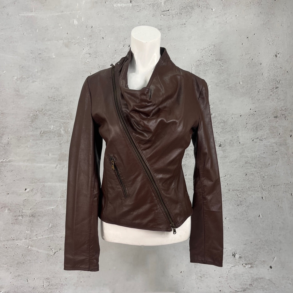 Brown Cowl Neck Leather Jacket