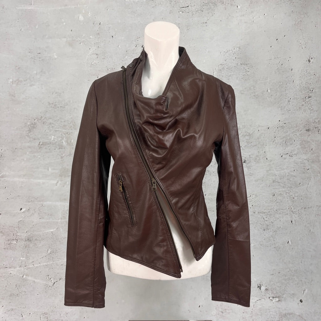 Brown Cowl Neck Leather Jacket