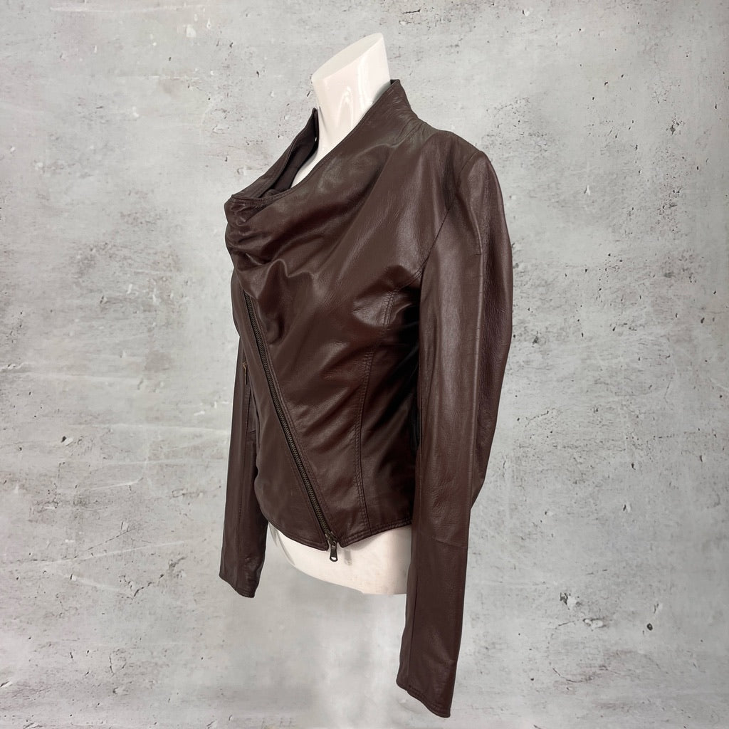 Brown Cowl Neck Leather Jacket