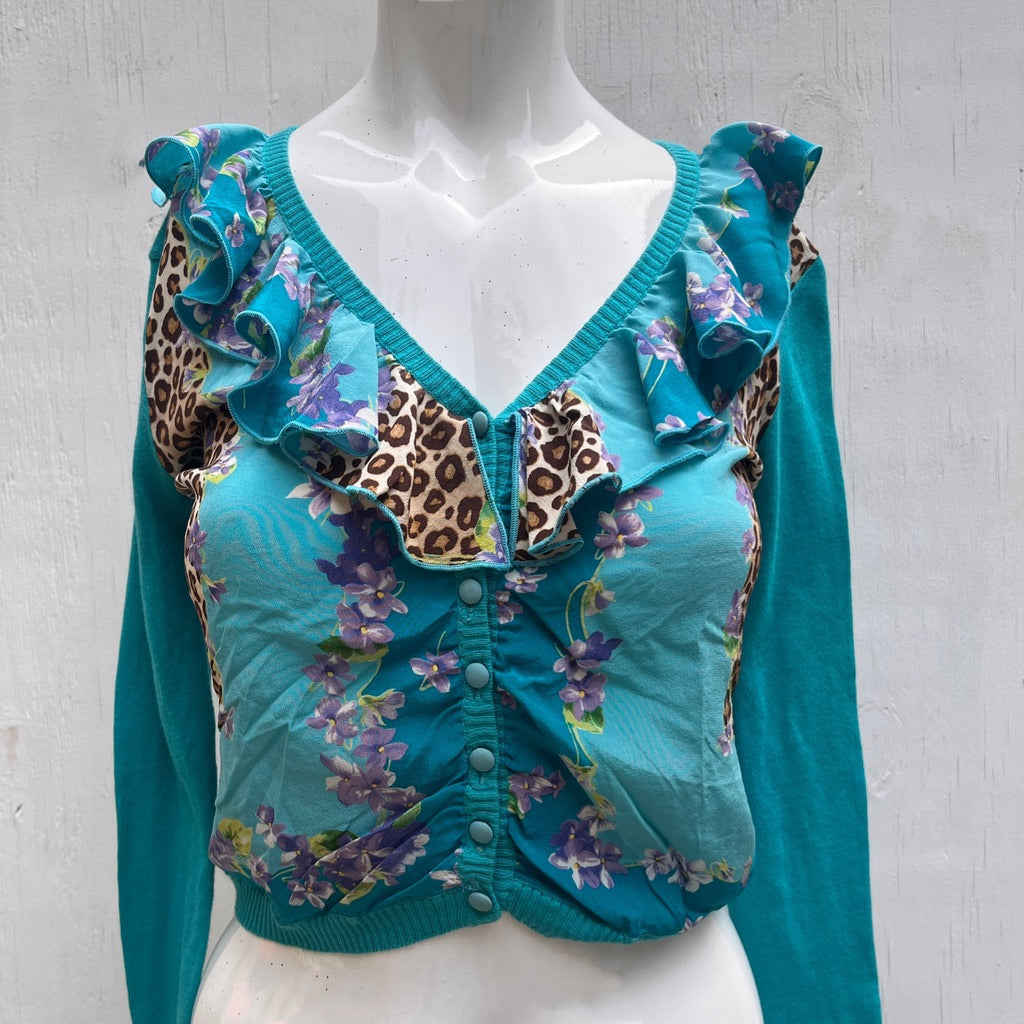 Blumarine Blue Floral & Leopard Print Cardigan