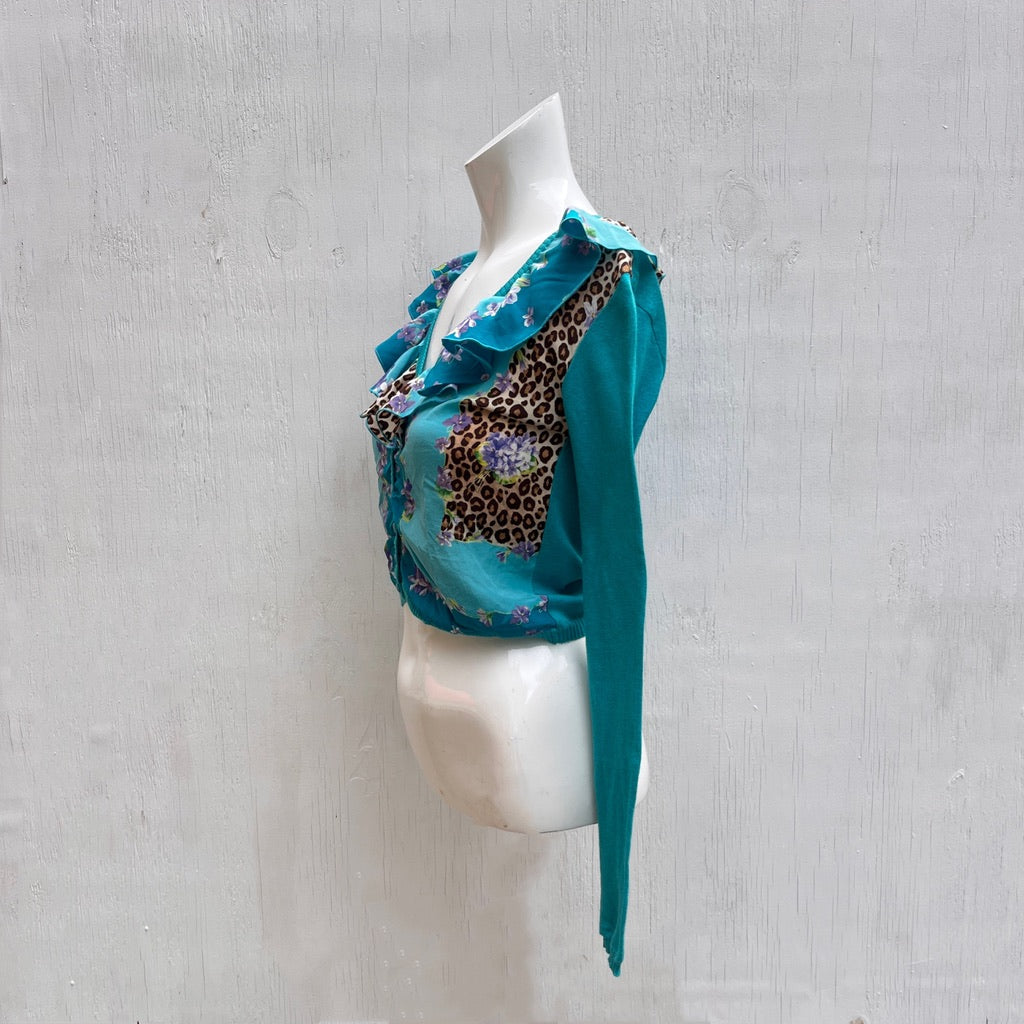 Blumarine Blue Floral & Leopard Print Cardigan
