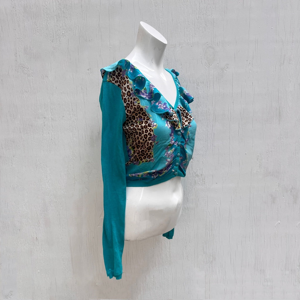 Blumarine Blue Floral & Leopard Print Cardigan