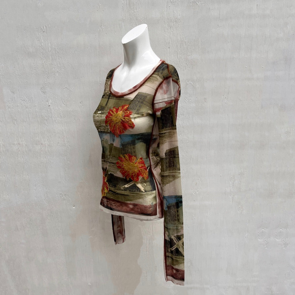 Jean Paul Gaultier 90's Floral Berlin Wall Club Kid Stretch Mesh Top