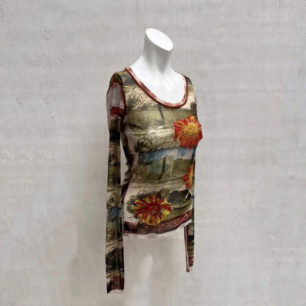 Jean Paul Gaultier 90's Floral Berlin Wall Club Kid Stretch Mesh Top