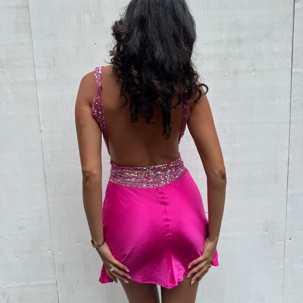 Pink Embellished Silk Mini Dress