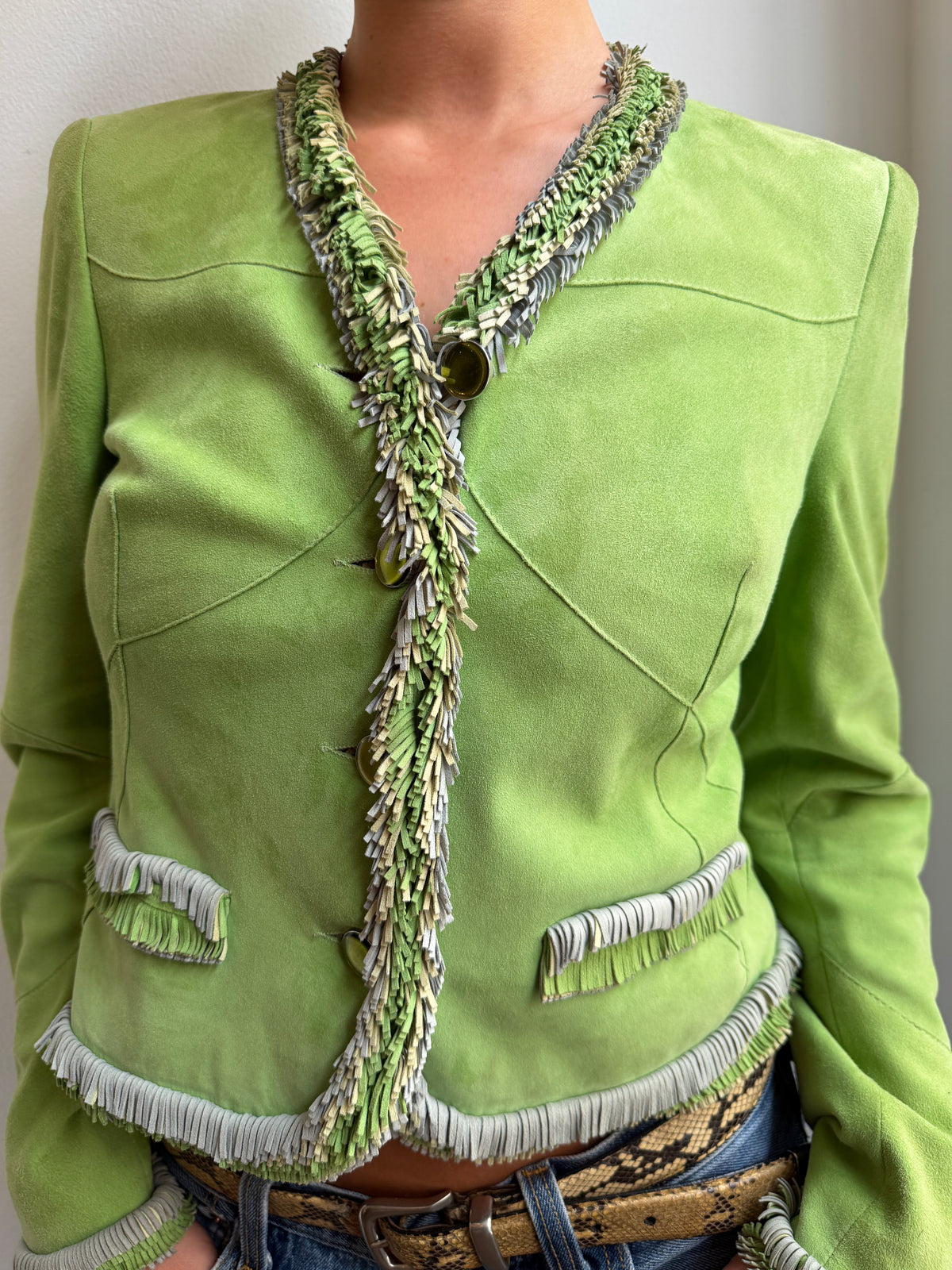 Walter Leder Suede Green Fringe Trim Jacket