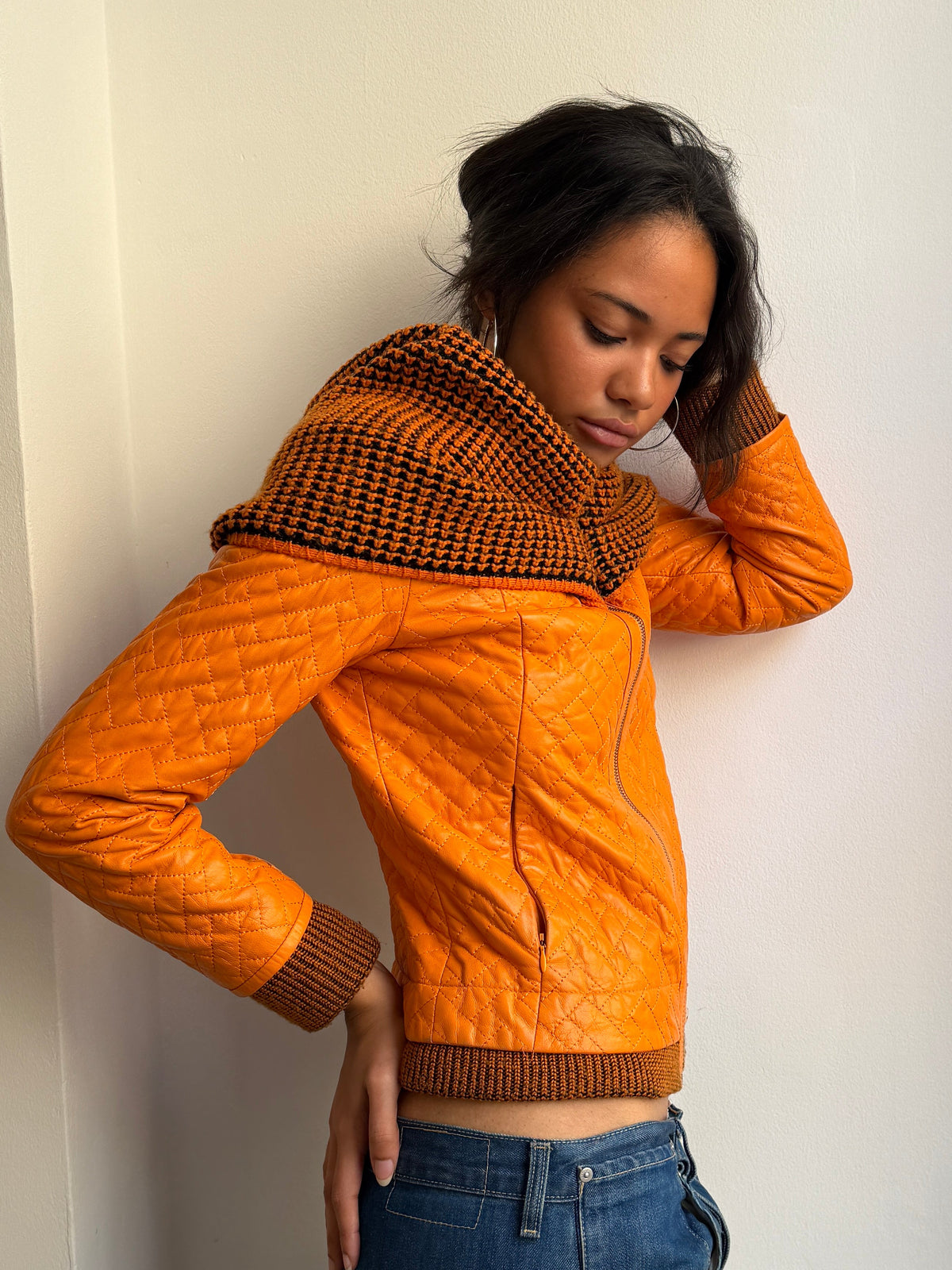 Orange Quilted Leather Jacket