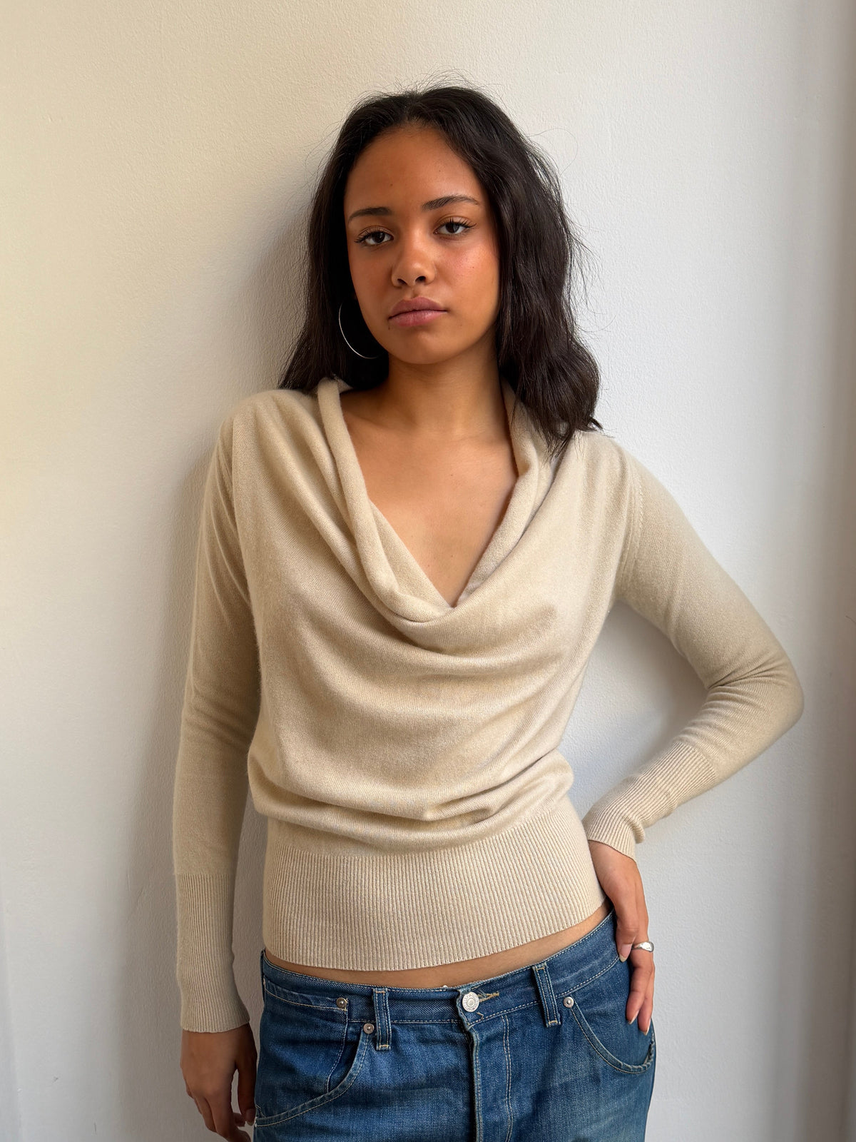 Nude Cashmere Cowl Neck Long Sleeve Top