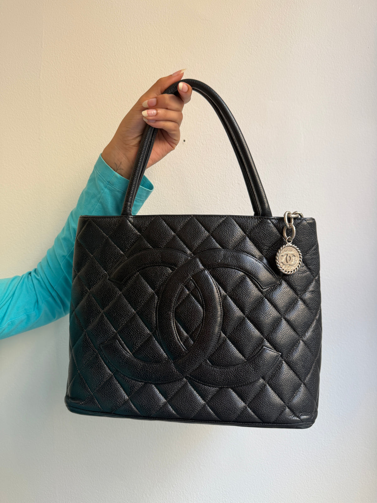 Chanel Black Quilted Caviar Medallion Tote