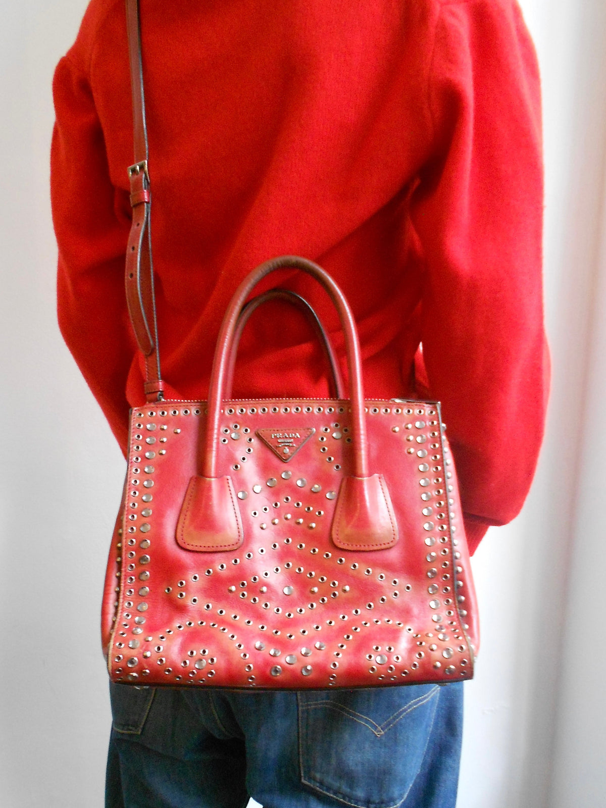 Prada Red Studded Twin Pocket Tote