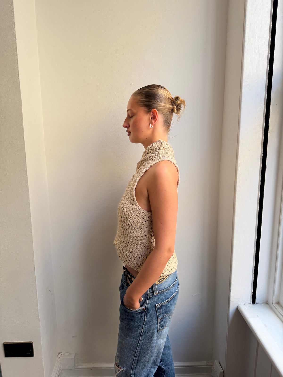 Beige Wide Neck Knit Top