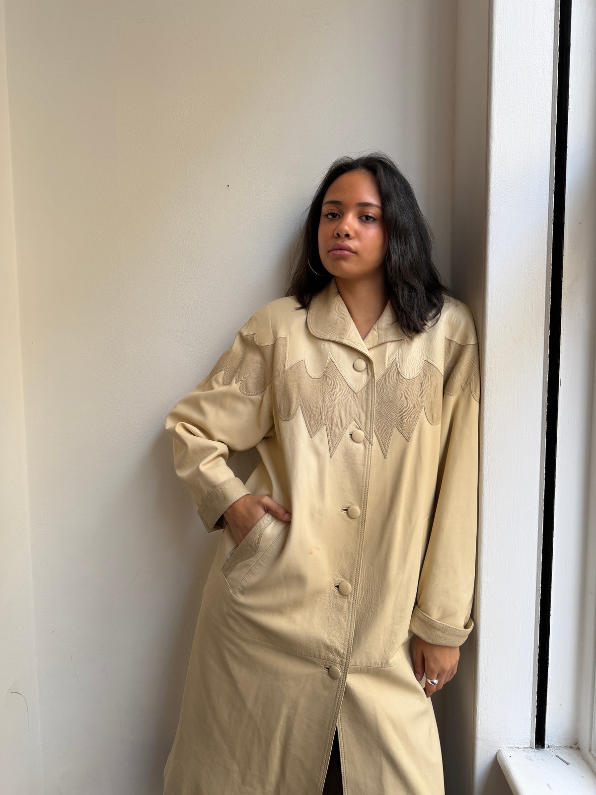 1980's Cream Maxi Leather Jacket