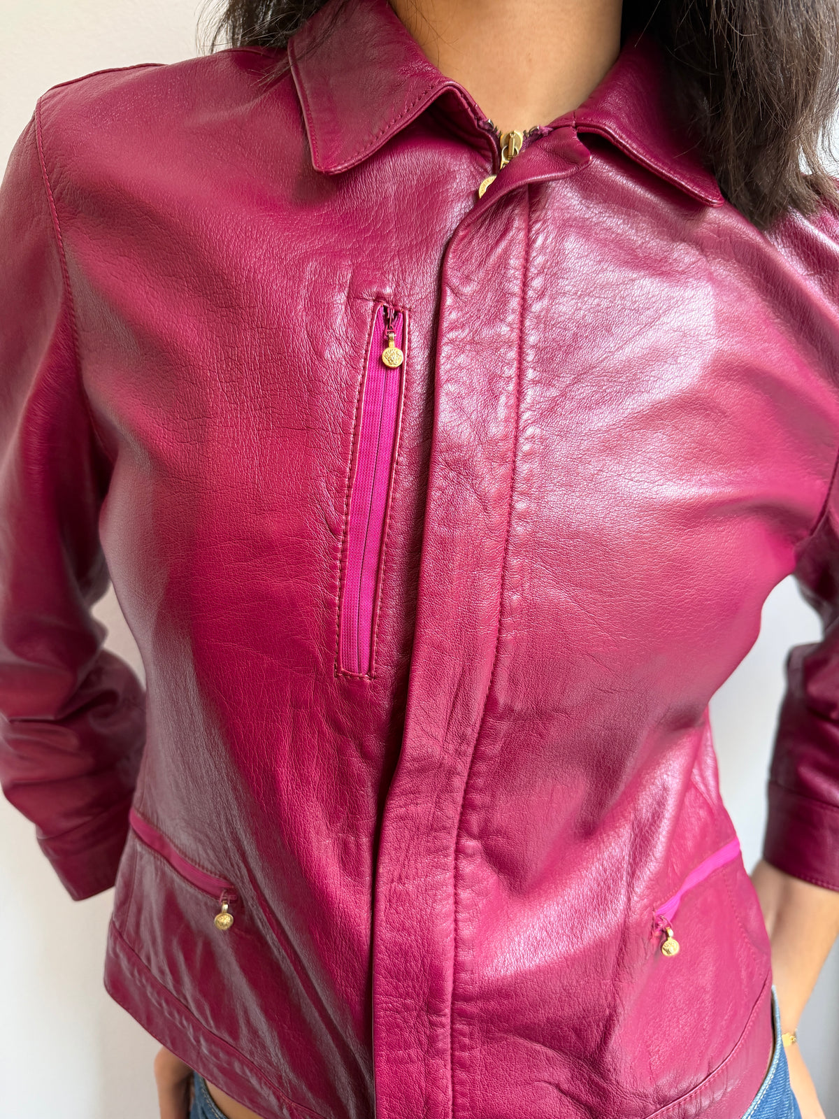 Versace Raspberry Leather Jacket