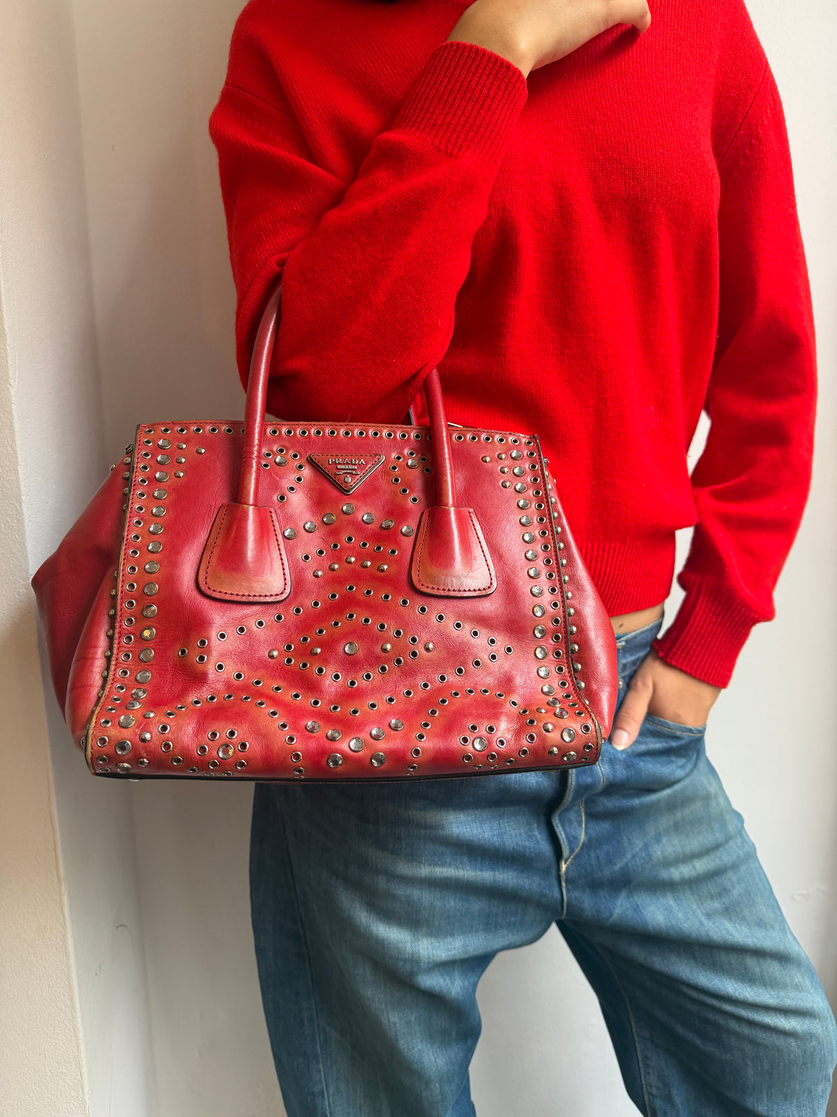 Prada Red Studded Twin Pocket Tote
