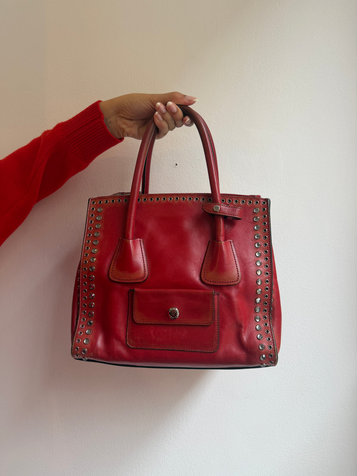 Prada Red Studded Twin Pocket Tote
