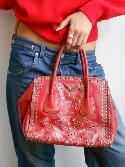Prada Red Studded Twin Pocket Tote