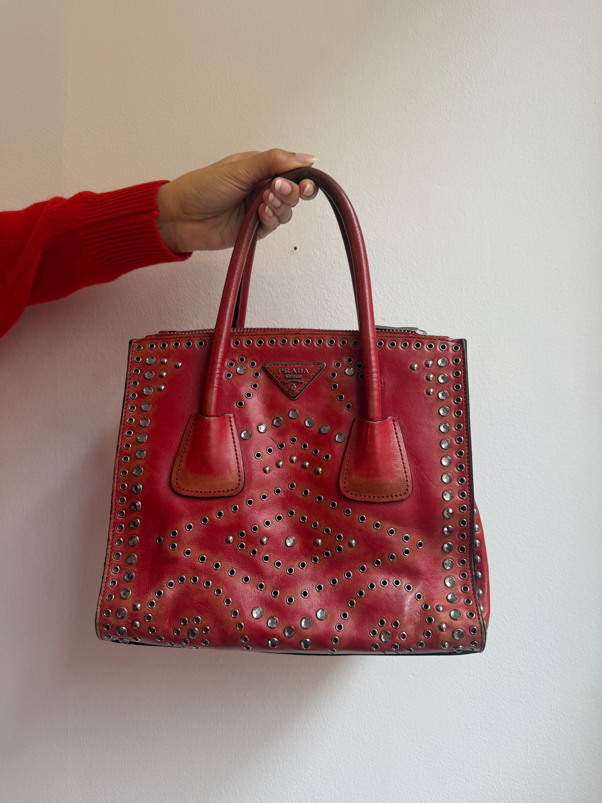 Prada Red Studded Twin Pocket Tote