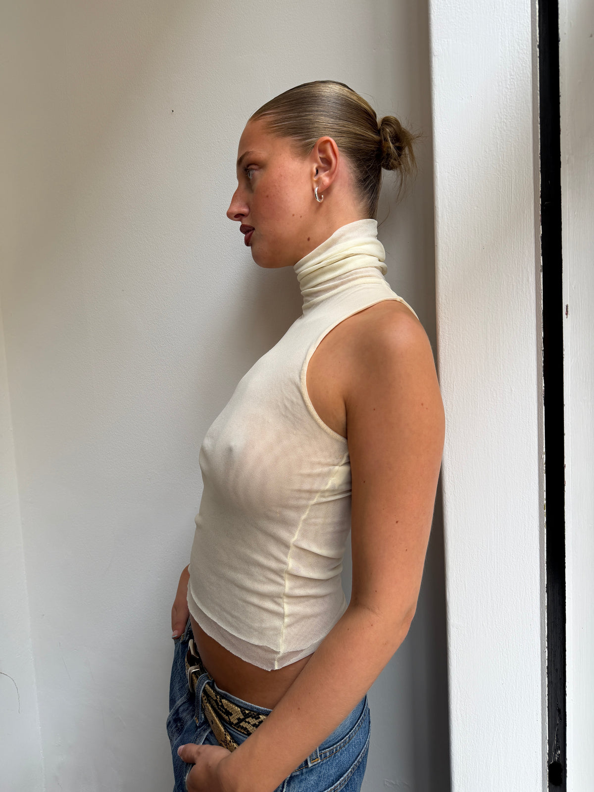 Cream Mesh Turtleneck Tank Top