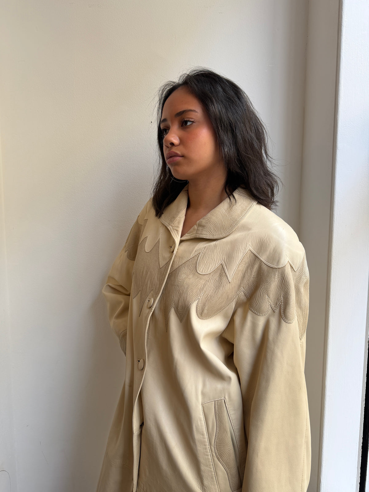 1980's Cream Maxi Leather Jacket