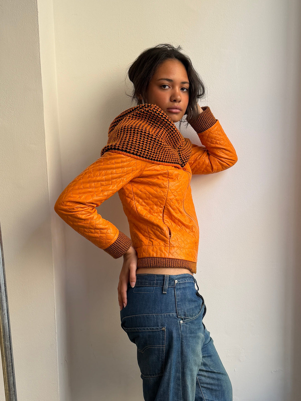 Orange Quilted Leather Jacket