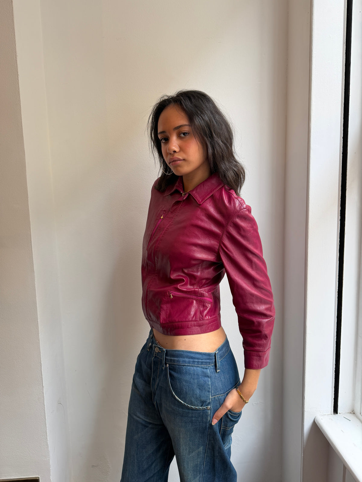 Versace Raspberry Leather Jacket