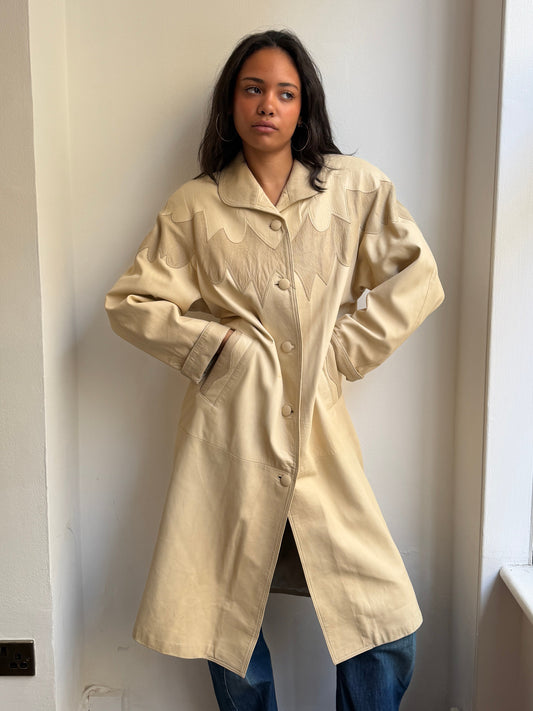 1980's Cream Maxi Leather Jacket