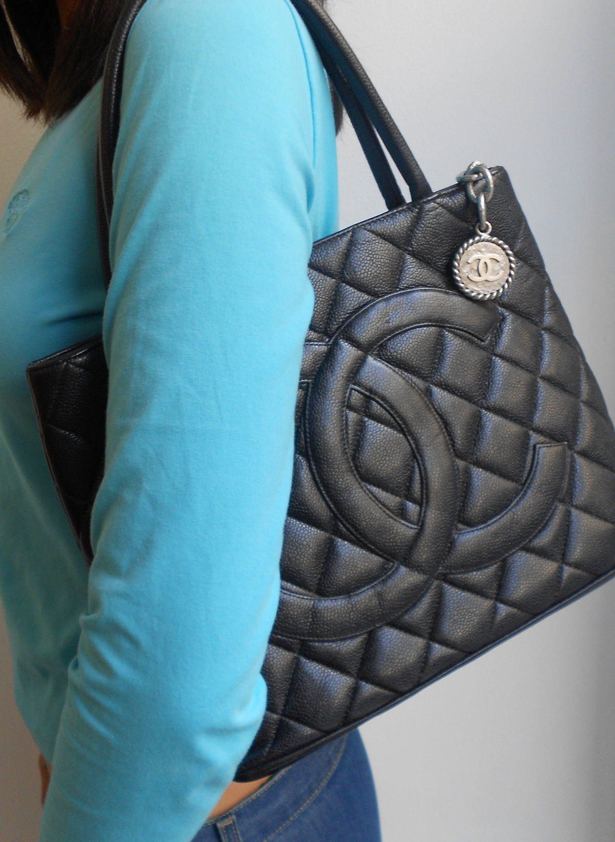 Chanel Black Quilted Caviar Medallion Tote