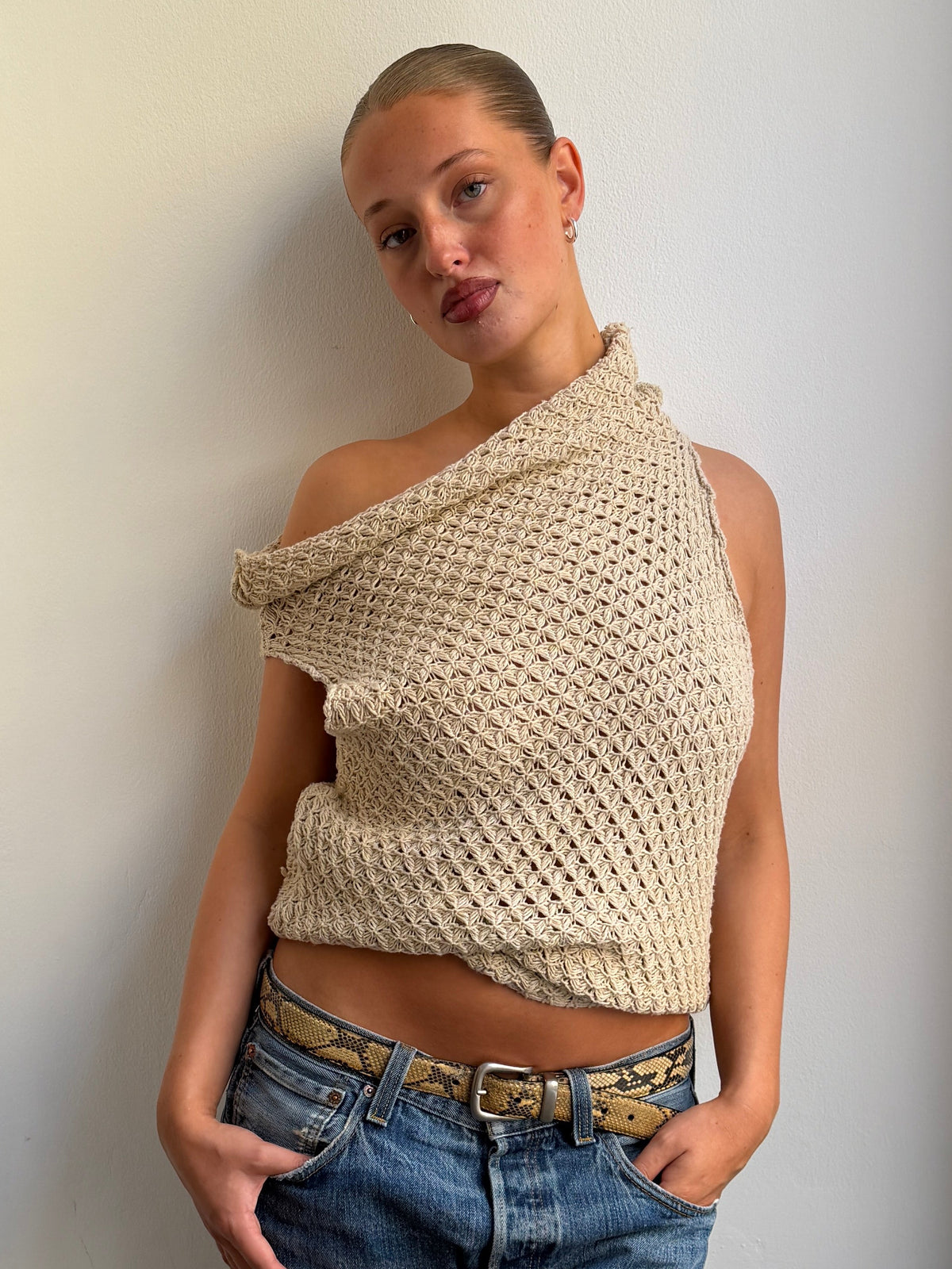 Beige Wide Neck Knit Top