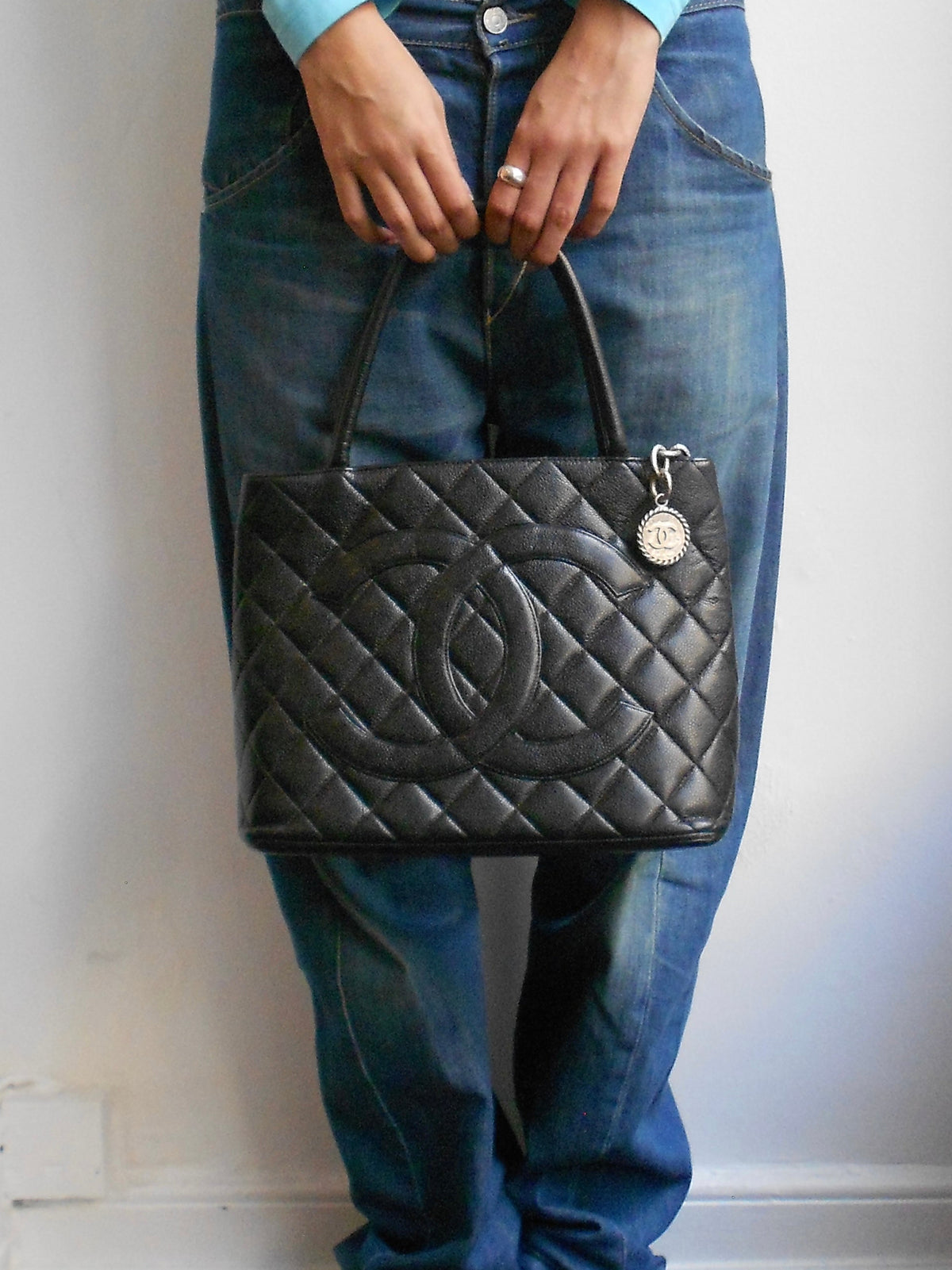 Chanel Black Quilted Caviar Medallion Tote