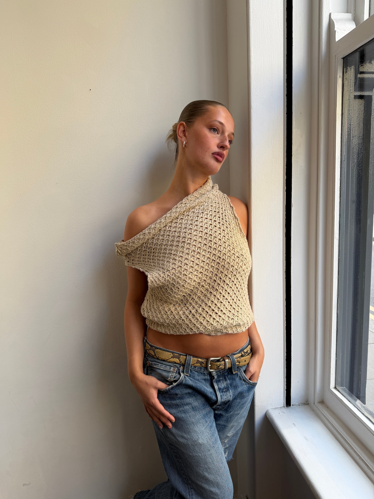 Beige Wide Neck Knit Top