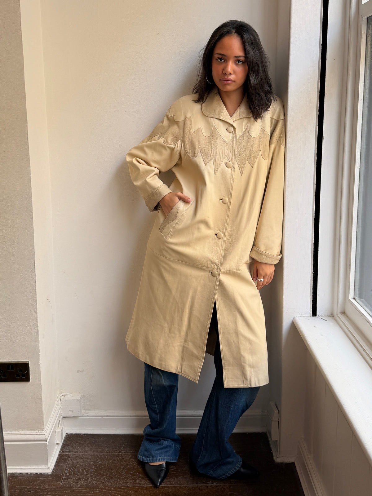 1980's Cream Maxi Leather Jacket