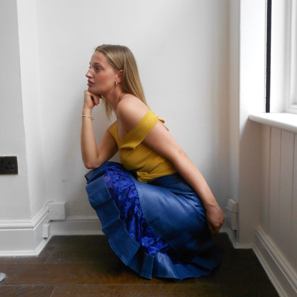 Royal Blue Leather and Lace Skirt