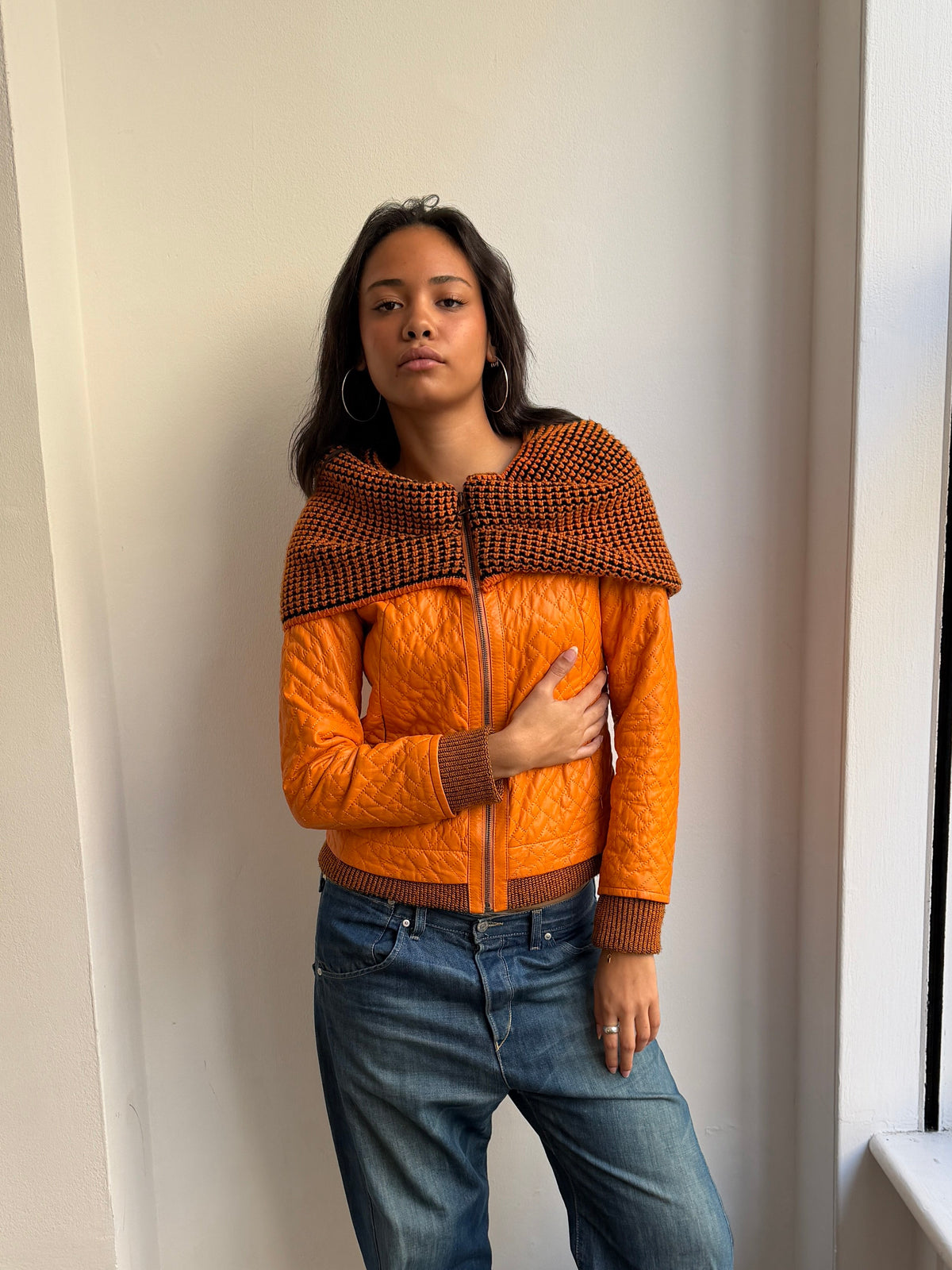 Orange Quilted Leather Jacket