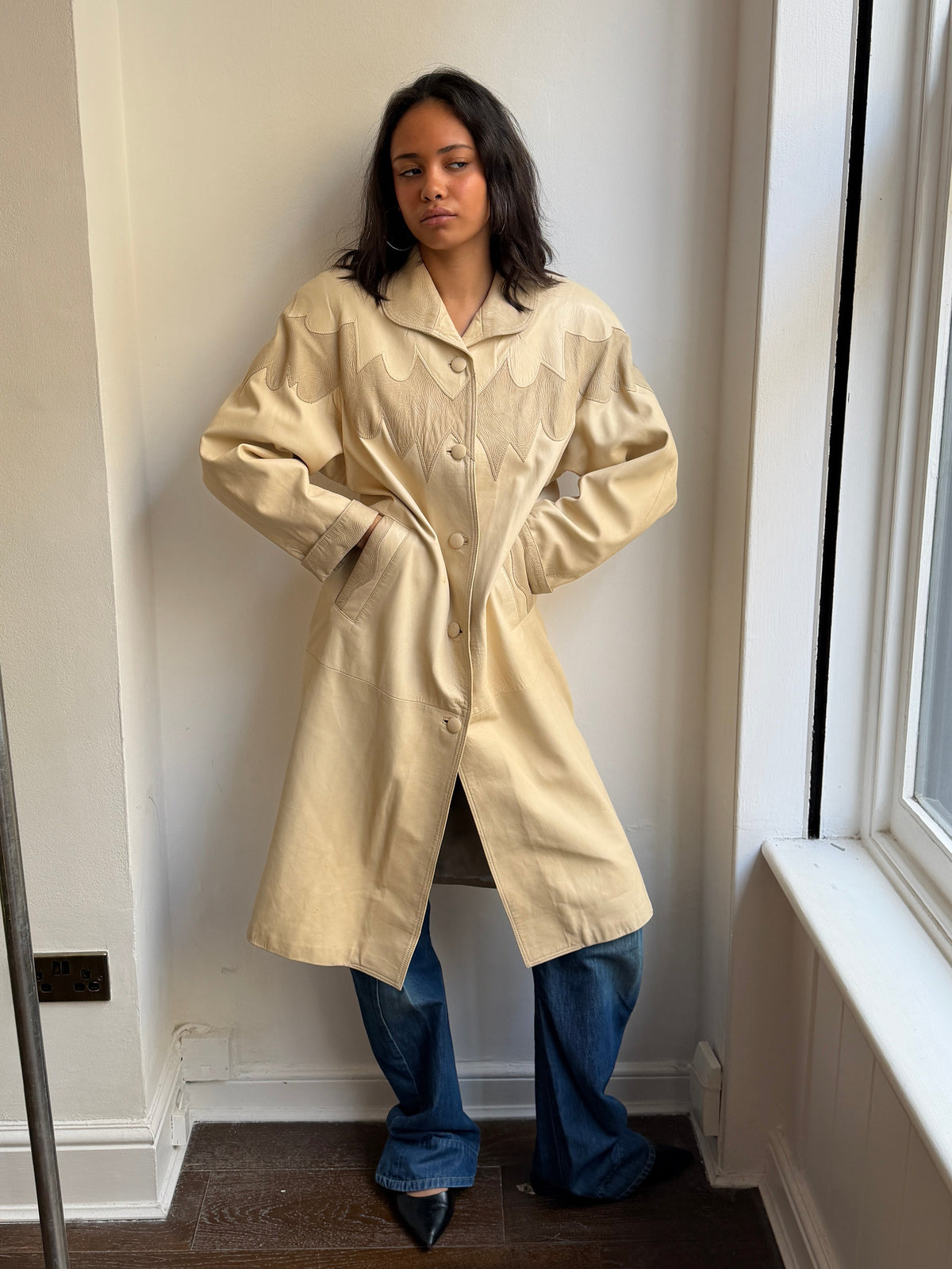 1980's Cream Maxi Leather Jacket