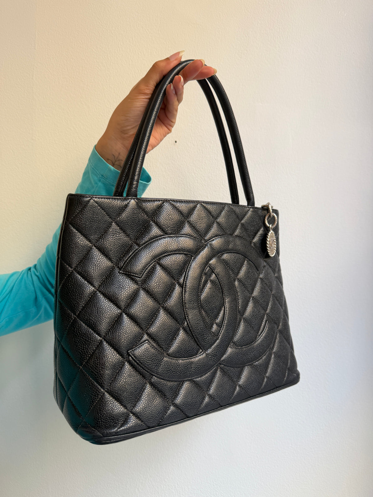 Chanel Black Quilted Caviar Medallion Tote