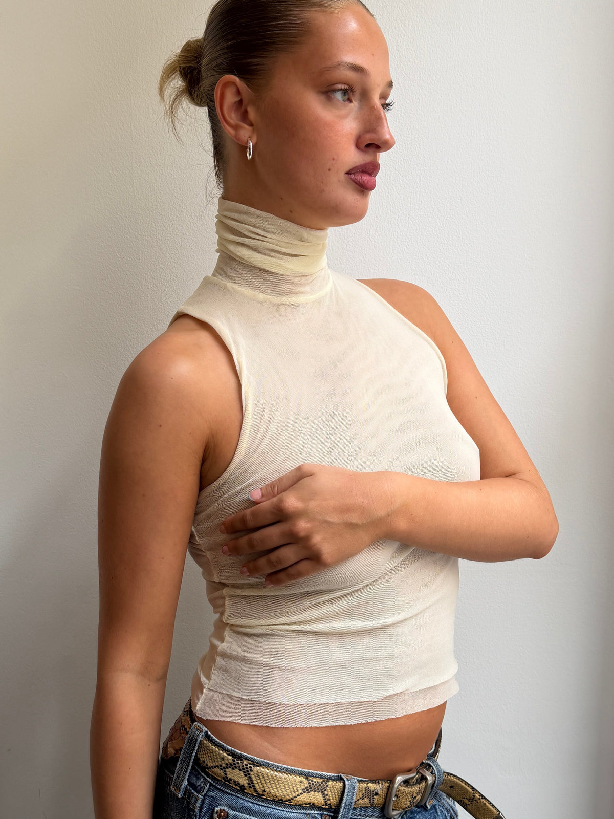 Cream Mesh Turtleneck Tank Top