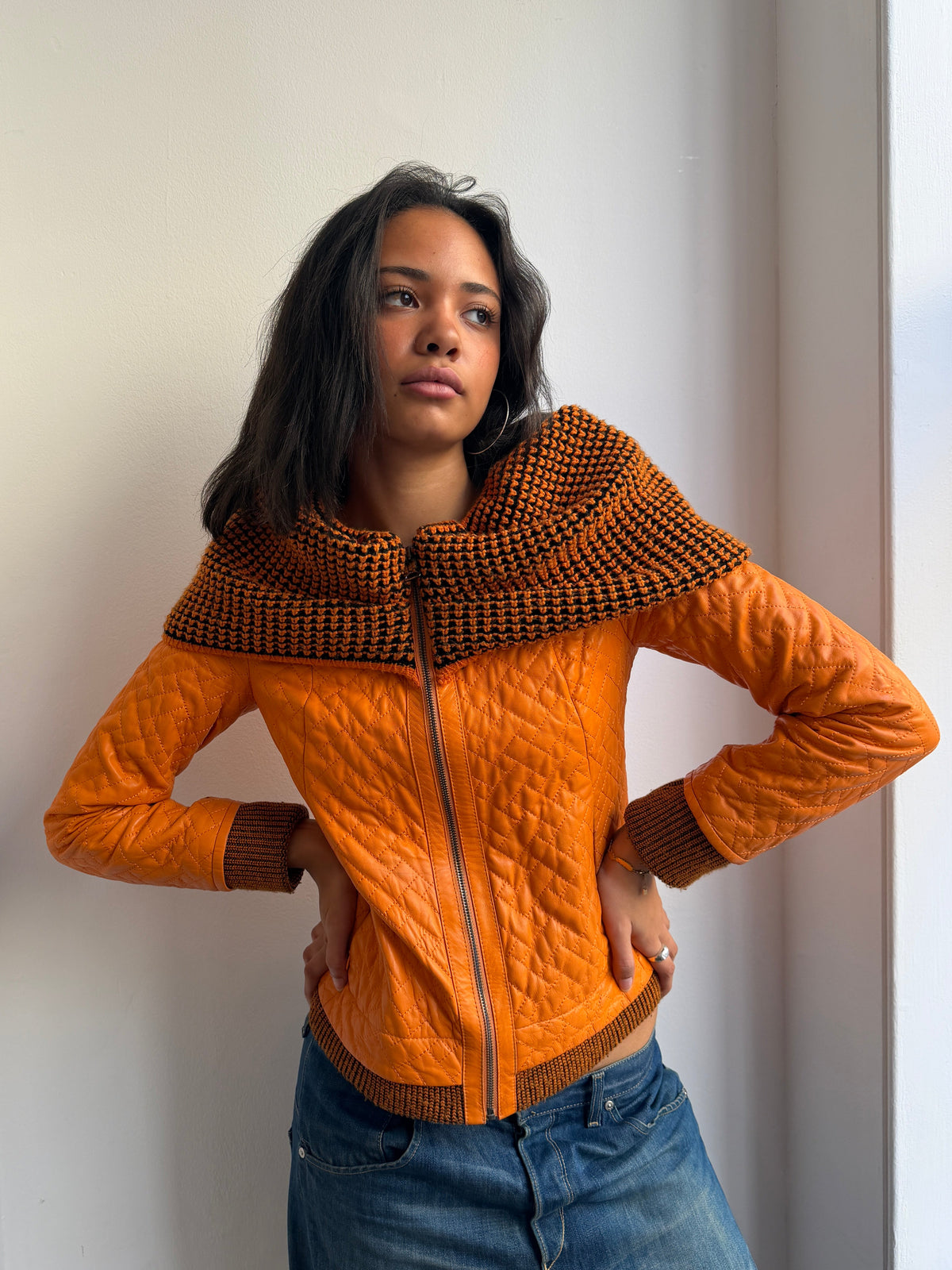 Orange Quilted Leather Jacket