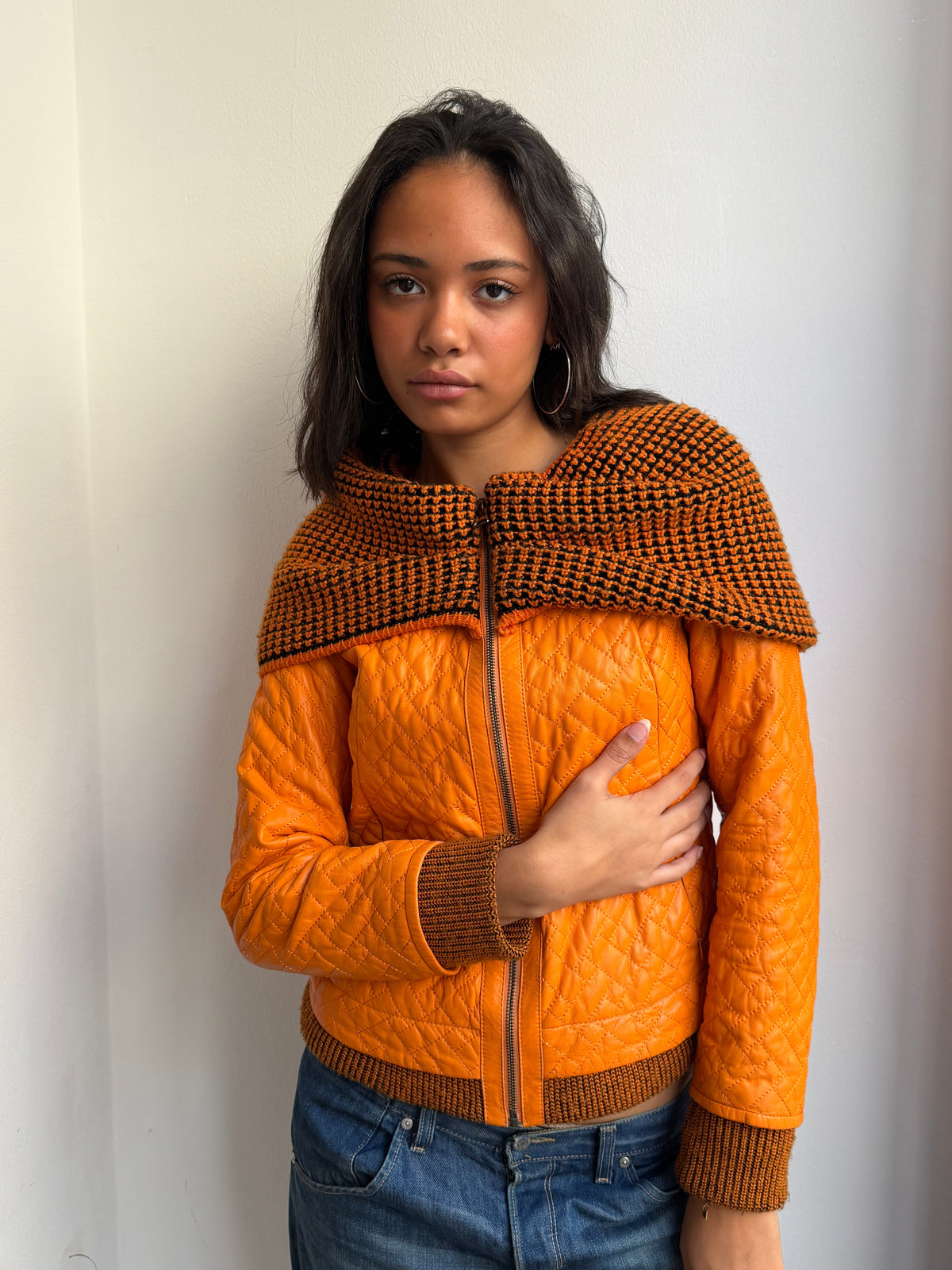 Orange Quilted Leather Jacket