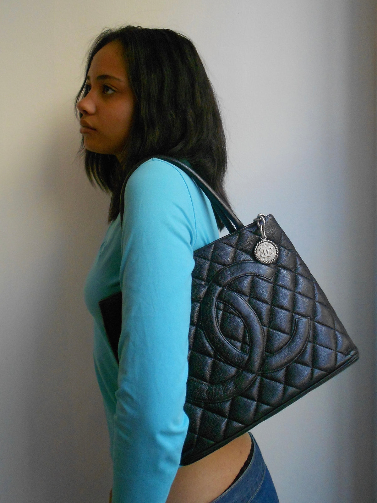 Chanel Black Quilted Caviar Medallion Tote