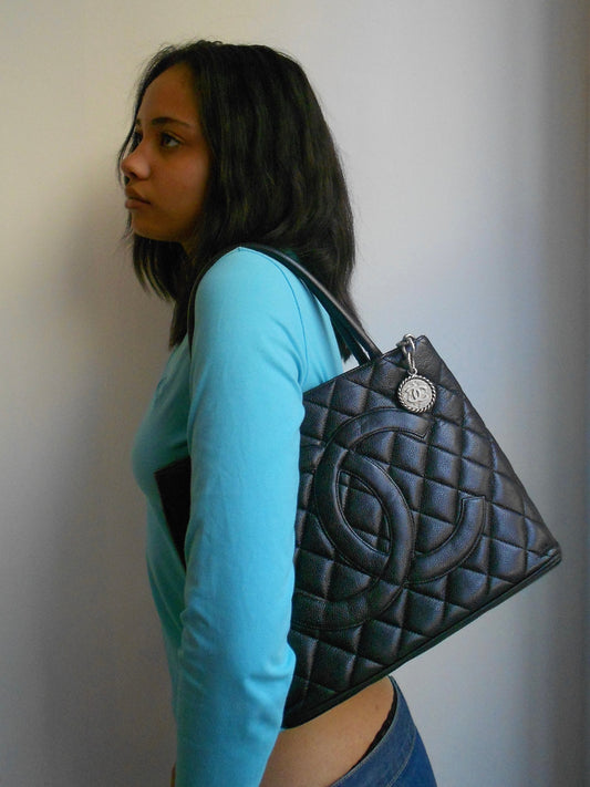 Chanel Black Quilted Caviar Medallion Tote
