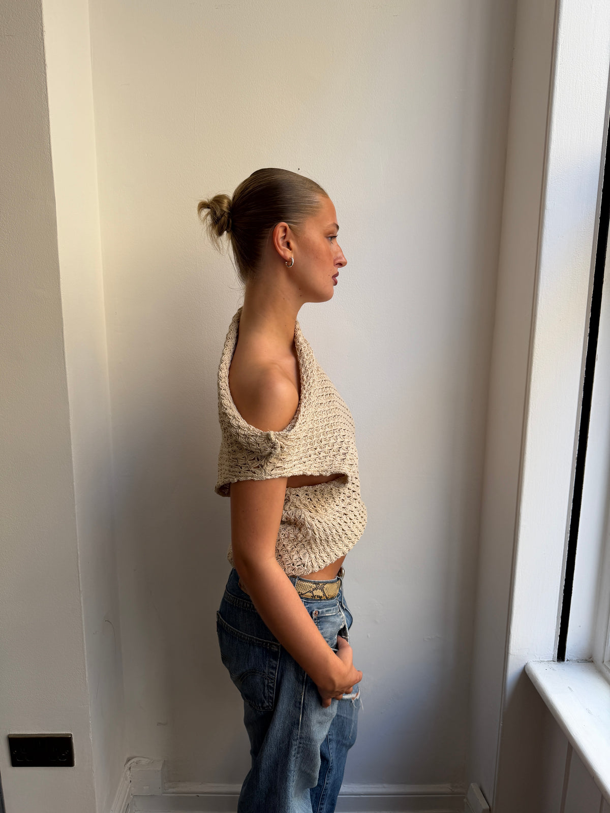 Beige Wide Neck Knit Top