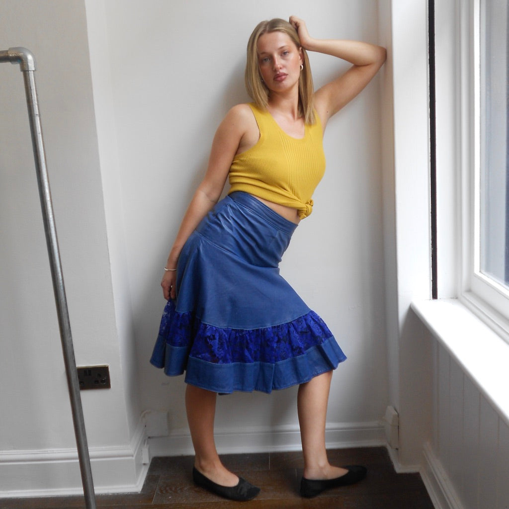 Royal Blue Leather and Lace Skirt