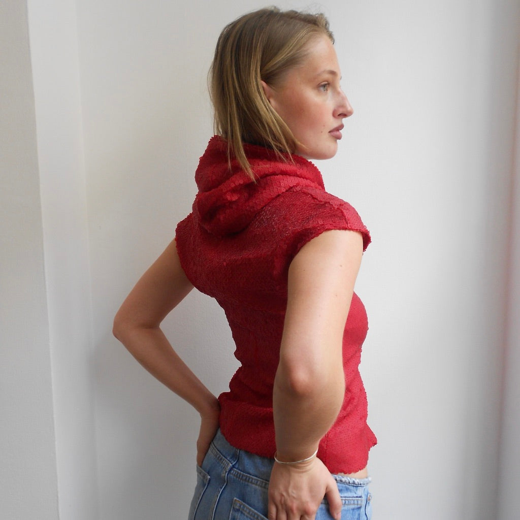 Red Sequin Hooded Vest