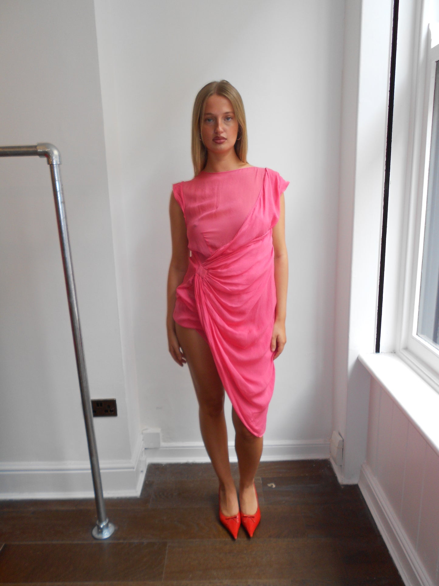 Pink Sheer Silk Ruched Dress