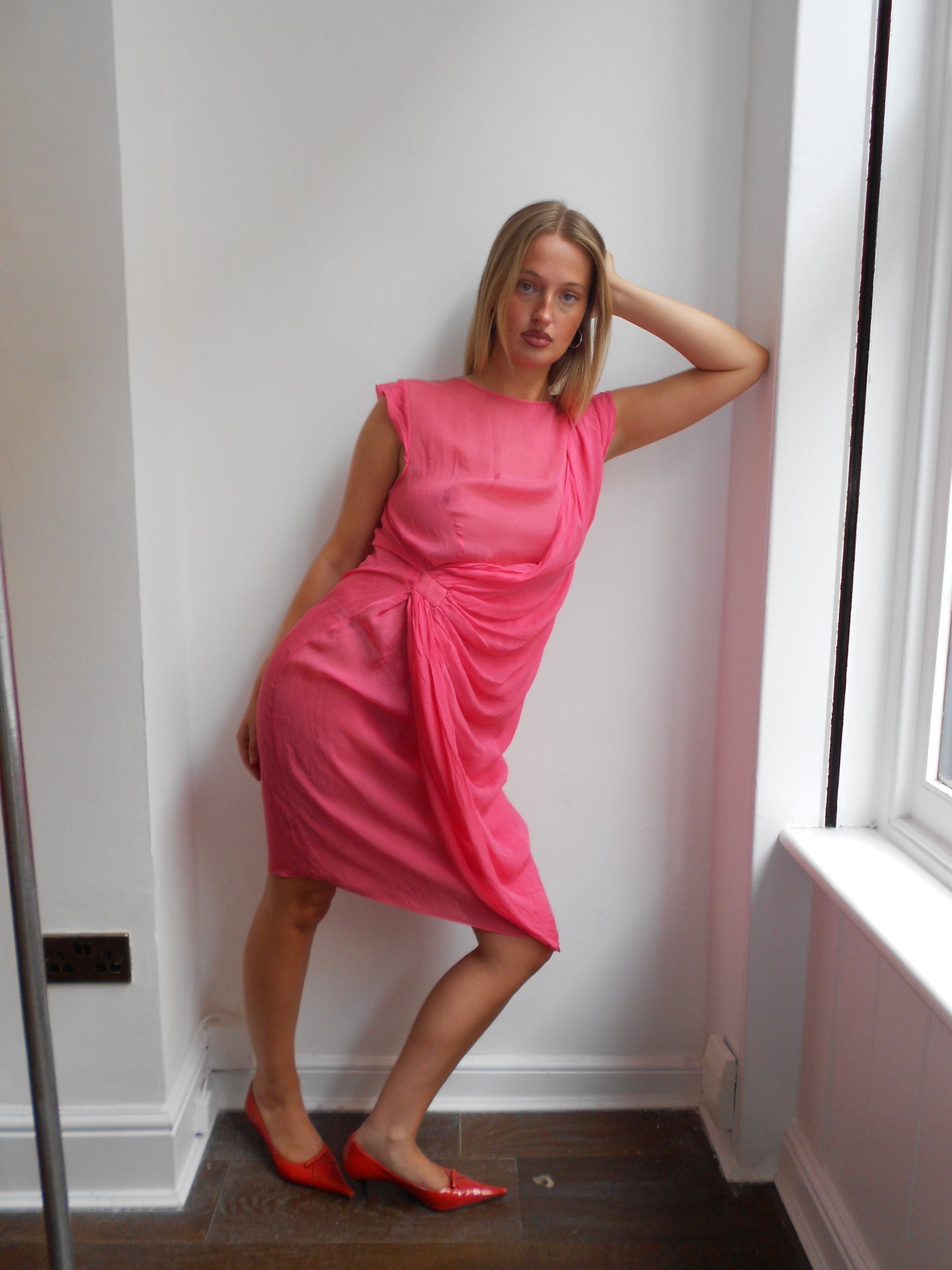 Pink Sheer Silk Ruched Dress