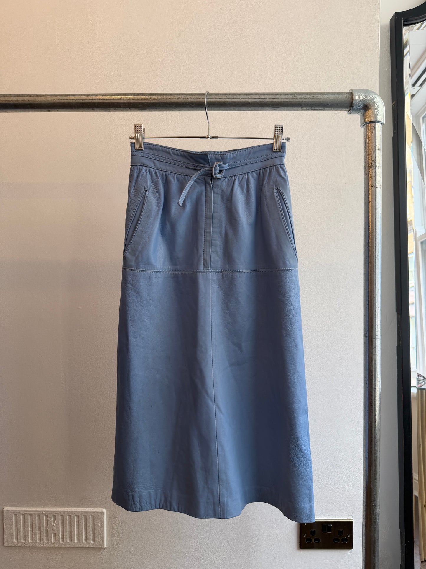 Blue Leather Midi Skirt